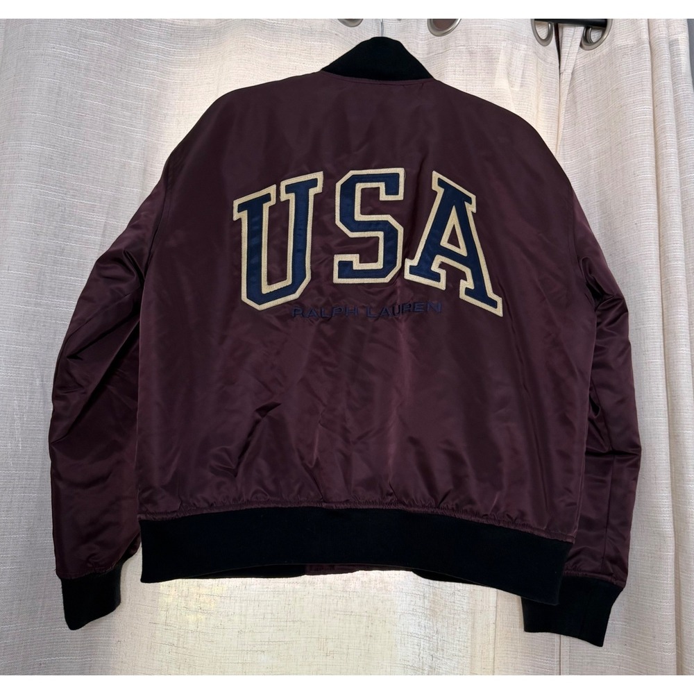 Vintage Ralph Lauren Polo Sport USA Satin Bomber Jacket Burgundy Men's Medium M